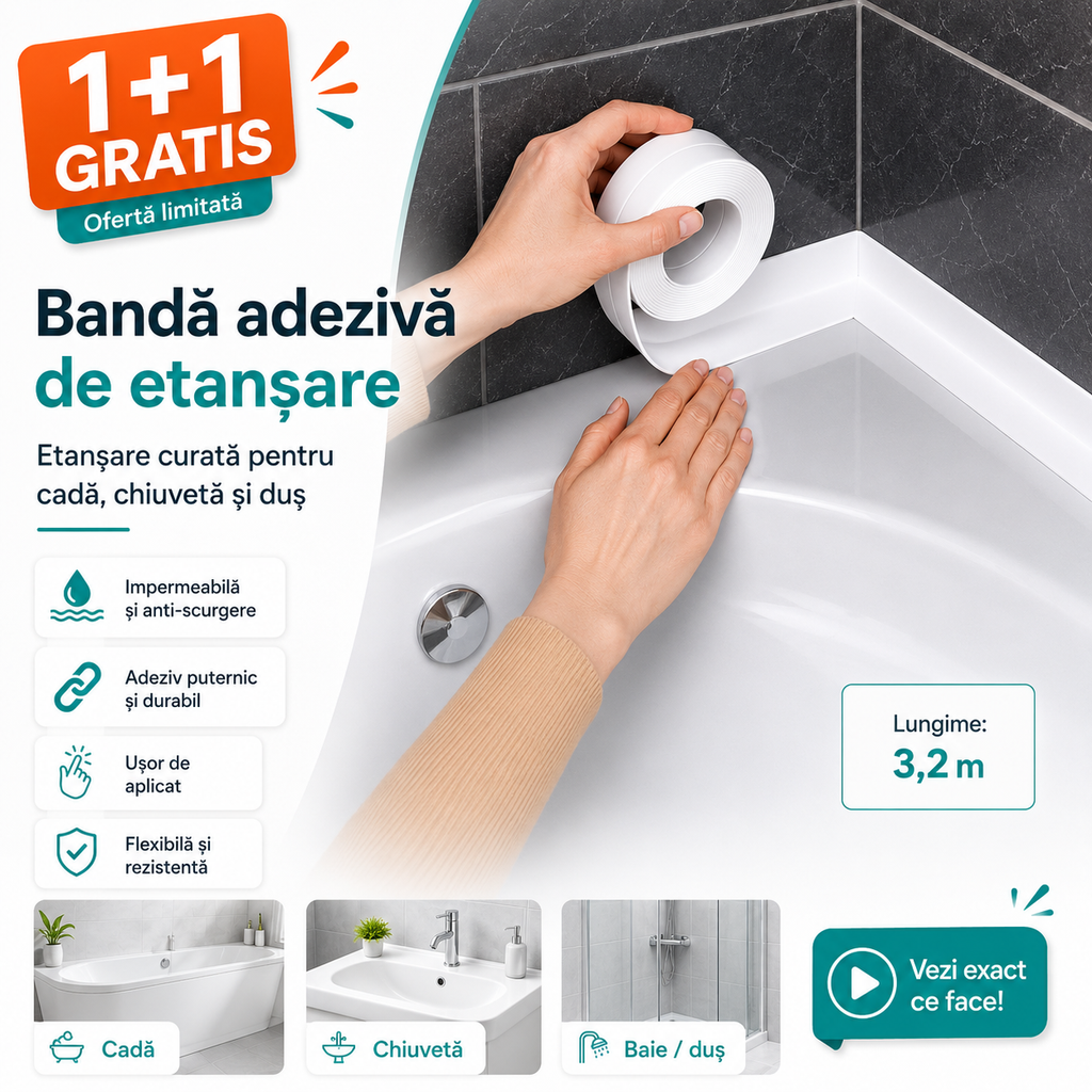 1+1 GRATIS Bandă de Etanșare Adezivă Impermeabilă și Antiscurgere – 3,8 cm × 3,2 m